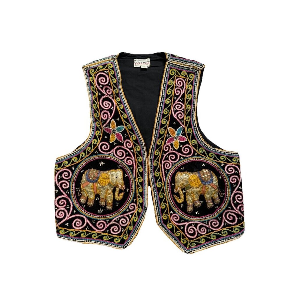 VTG 80s Carol Horn Workshop Hand Embroidered Elephant Vest Sequined M/L Festival